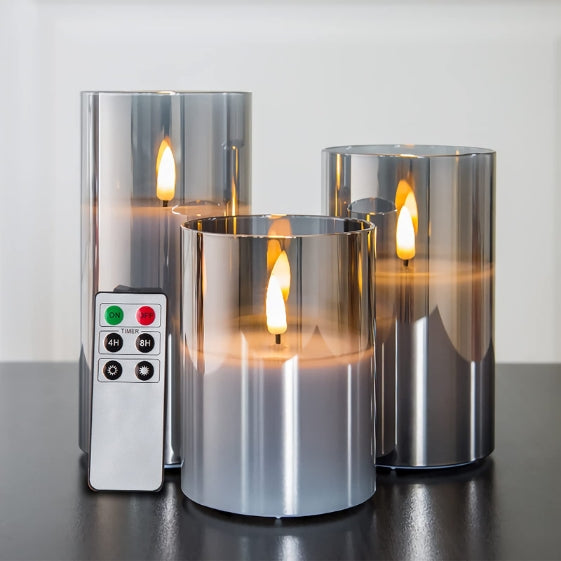 Eywamage Grey Glass Flameless Candles with Remote Battery Operated Flickering LED Pillar Candles Real Wax Wick Φ 3