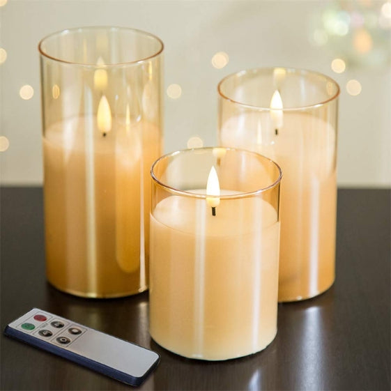 Eywamage Grey Glass Flameless Candles with Remote Battery Operated Flickering LED Pillar Candles Real Wax Wick Φ 3